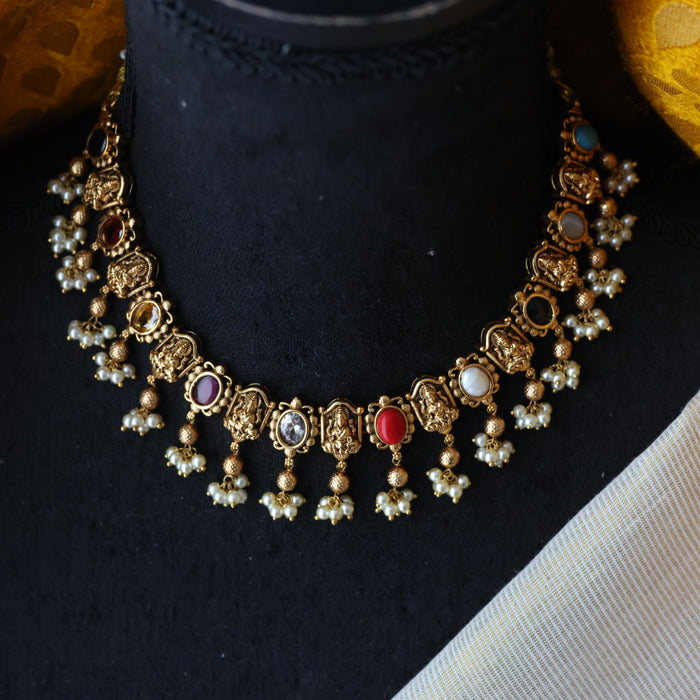Antique navarathna stone short necklace and earrings SS12934