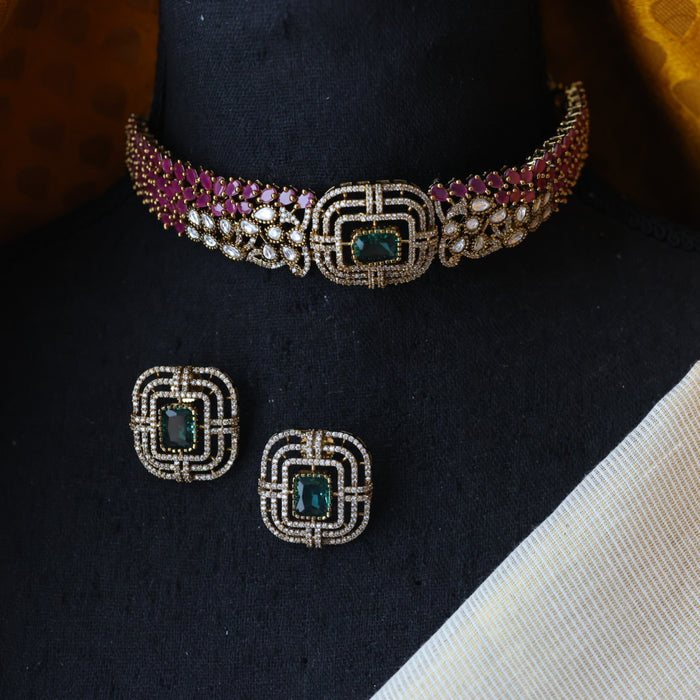 Trendy pink stone choker necklace with earrings and tikka TP0011