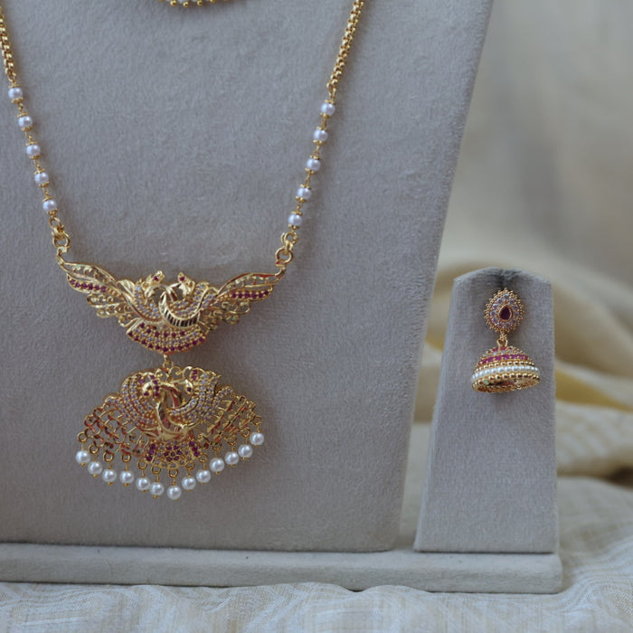 Heritage gold plated padakam long and short necklace set with earrings HPS553