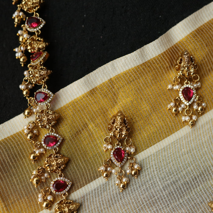 Antique ruby white stone long necklace with earrings /waistchain  LL03556
