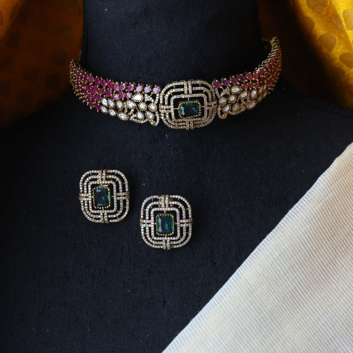 Trendy pink stone choker necklace with earrings and tikka TP0011