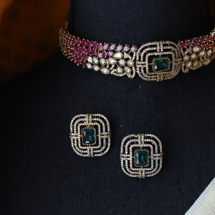 Trendy pink stone choker necklace with earrings and tikka TP0011