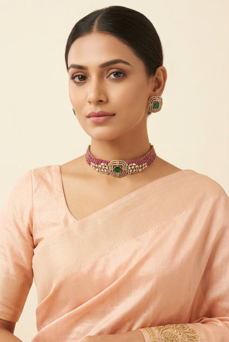 Trendy pink stone choker necklace with earrings and tikka TP0011