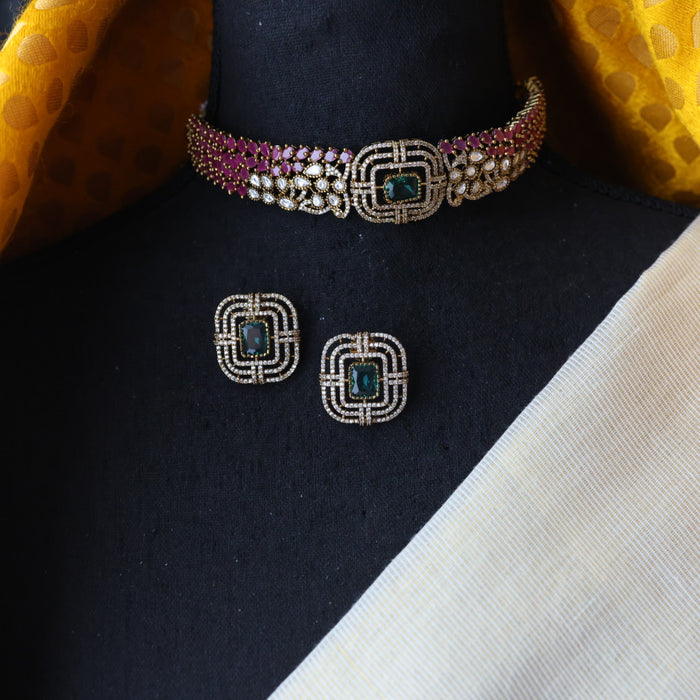 Trendy pink stone choker necklace with earrings and tikka TP0011