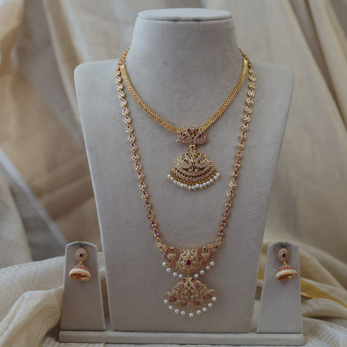 Heritage gold plated padakam long and short necklace set with earrings HPS5233