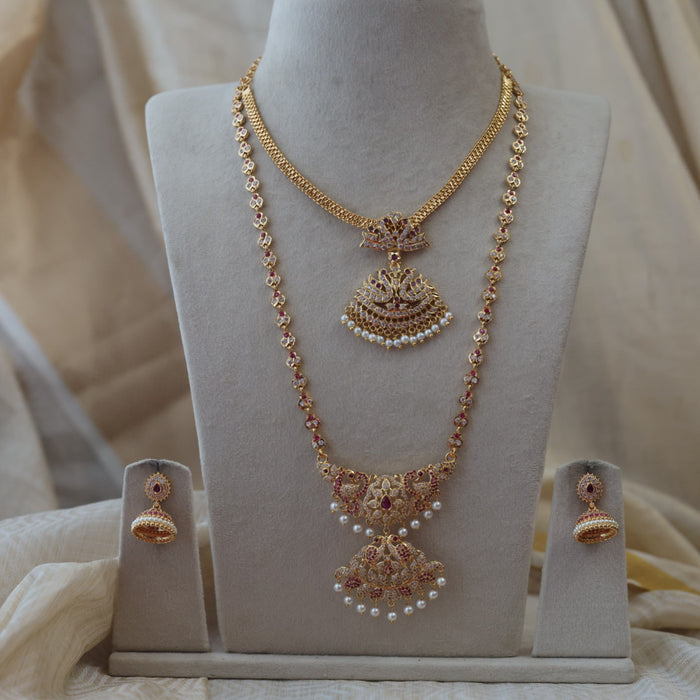 Heritage gold plated padakam long and short necklace set with earrings HPS5233