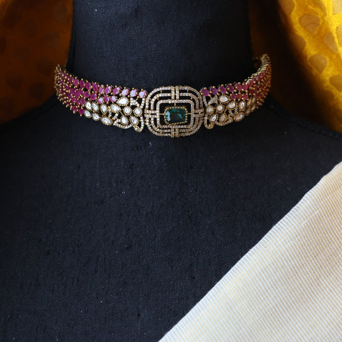 Trendy pink stone choker necklace with earrings and tikka TP0011