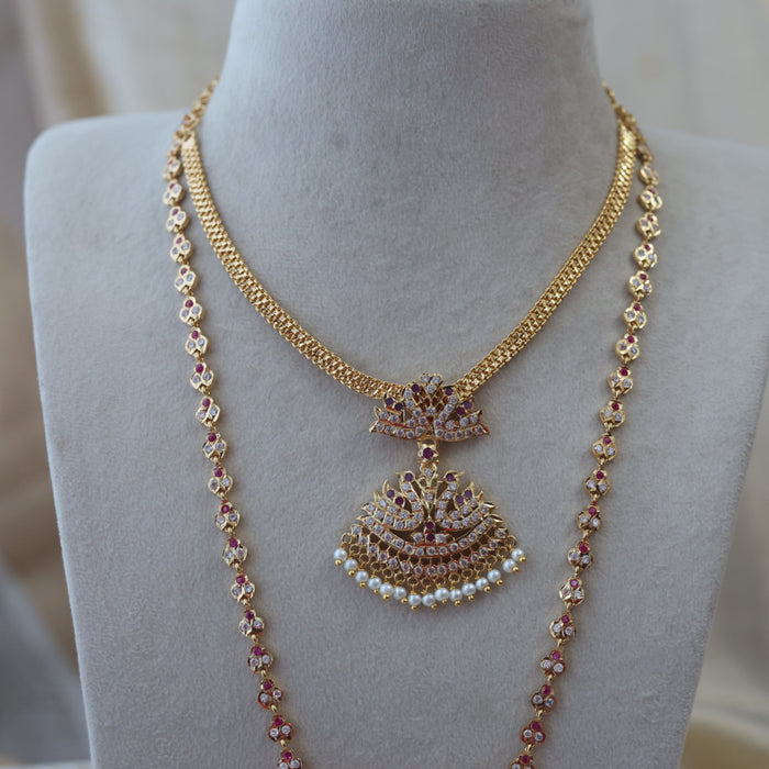 Heritage gold plated padakam long and short necklace set with earrings HPS5233