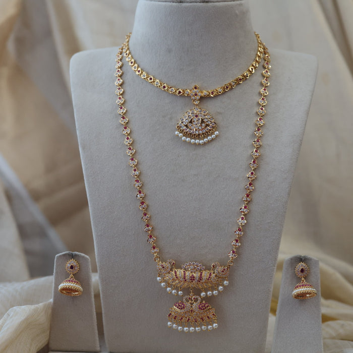 Heritage gold plated padakam long and short necklace set with earrings HPS98778