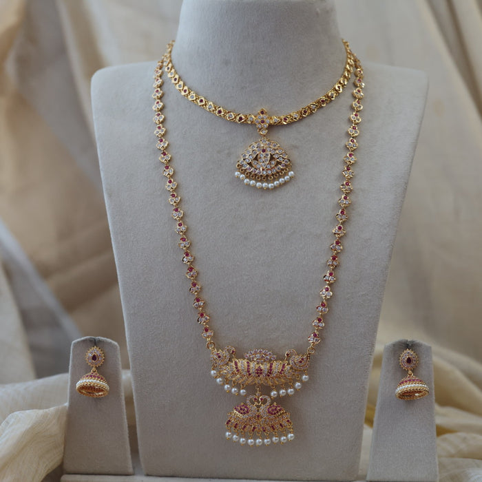 Heritage gold plated padakam long and short necklace set with earrings HPS98778