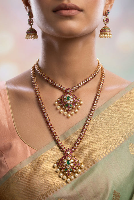 Antique long and short necklace with earrings HLS2711