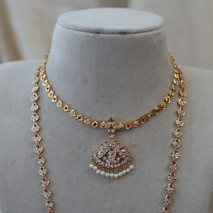 Heritage gold plated padakam long and short necklace set with earrings HPS98778