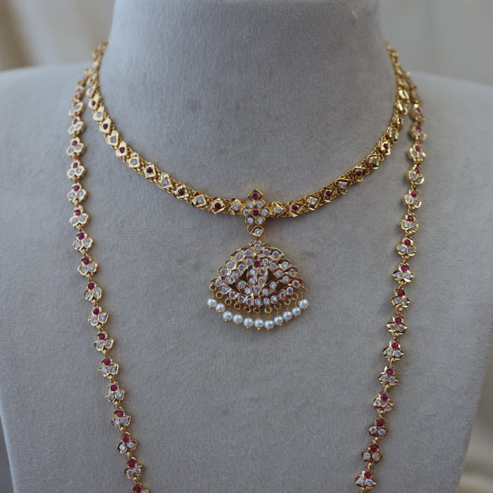 Heritage gold plated padakam long and short necklace set with earrings HPS98778