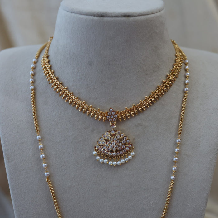 Heritage gold plated padakam long and short necklace set with earrings HPS890