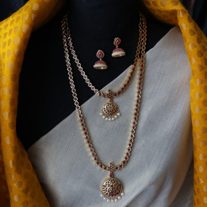 Heritage gold plated ruby stone long and short necklace with earrings HLS1691