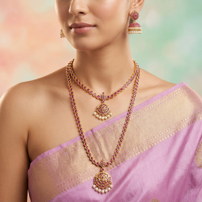 Heritage gold plated ruby stone long and short necklace with earrings HLS1691