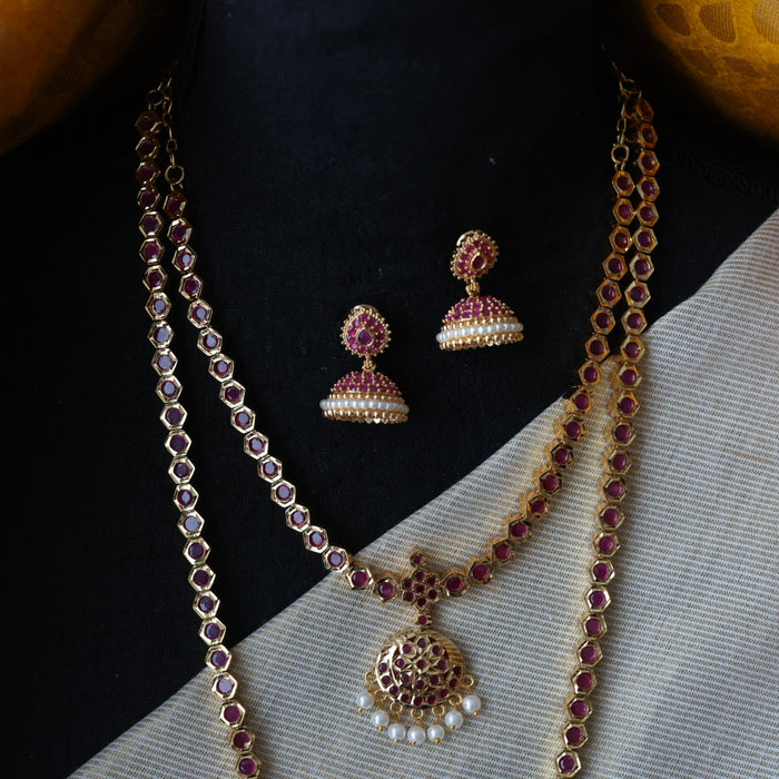 Heritage gold plated ruby stone long and short necklace with earrings HLS1691
