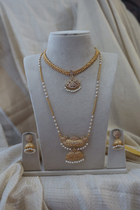 Heritage gold plated padakam long and short necklace set with earrings HPS890