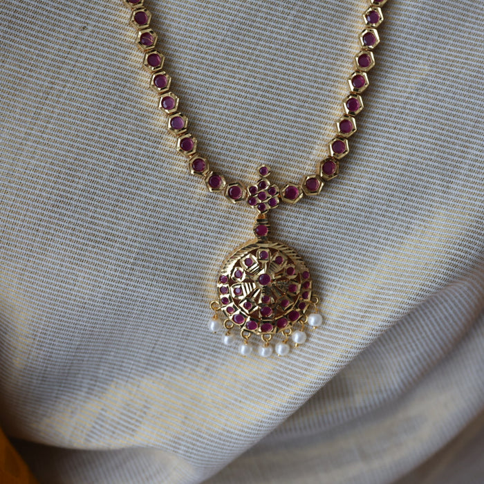 Heritage gold plated ruby stone long and short necklace with earrings HLS1691