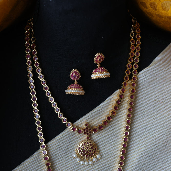 Heritage gold plated ruby stone long and short necklace with earrings HLS1691