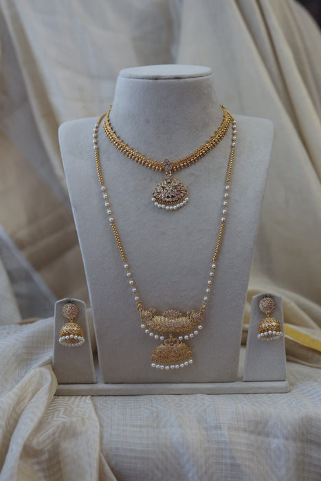 Heritage gold plated padakam long and short necklace set with earrings HPS890