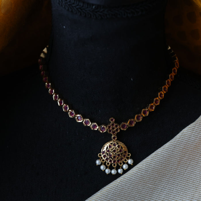 Heritage gold plated ruby stone long and short necklace with earrings HLS1691