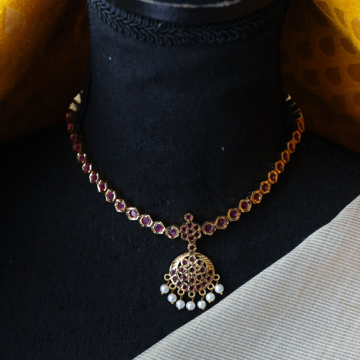 Heritage gold plated ruby stone long and short necklace with earrings HLS1691