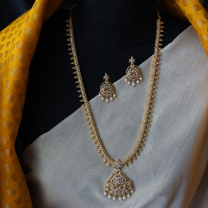 Heritage gold plated white stone long necklace with earrings HL169