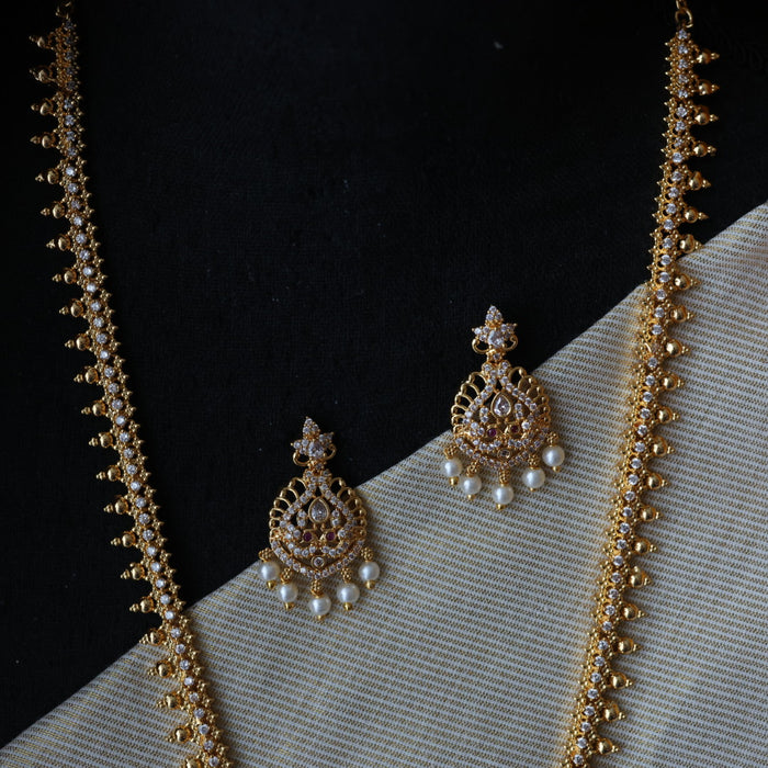 Heritage gold plated white stone long necklace with earrings HL169