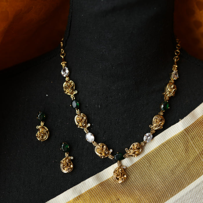 Antique gold green stone simple short necklace with earrings TTS4601