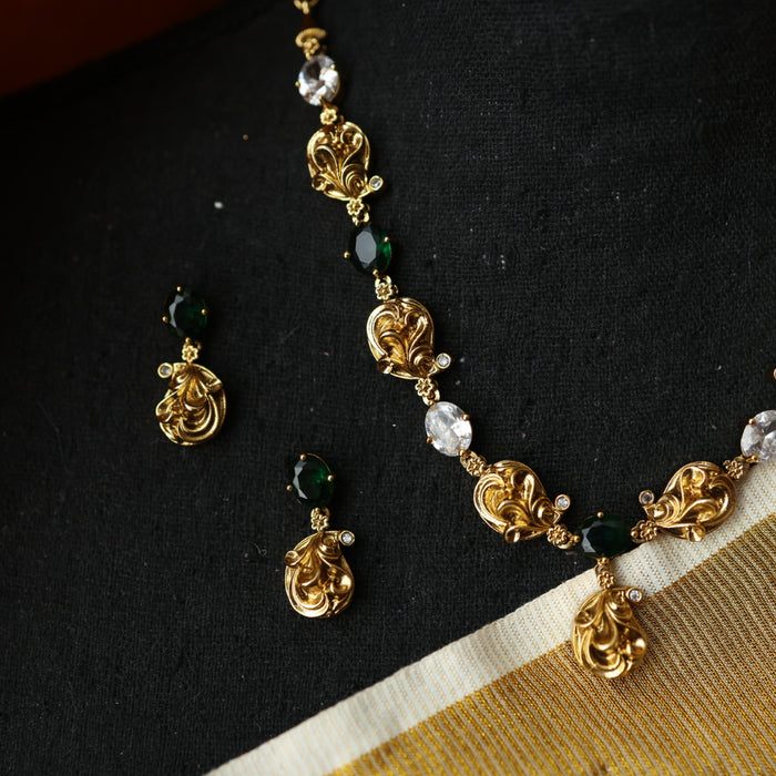 Antique gold green stone simple short necklace with earrings TTS4601