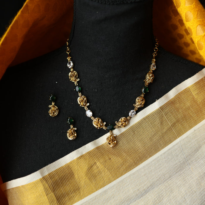 Antique gold green stone simple short necklace with earrings TTS4601
