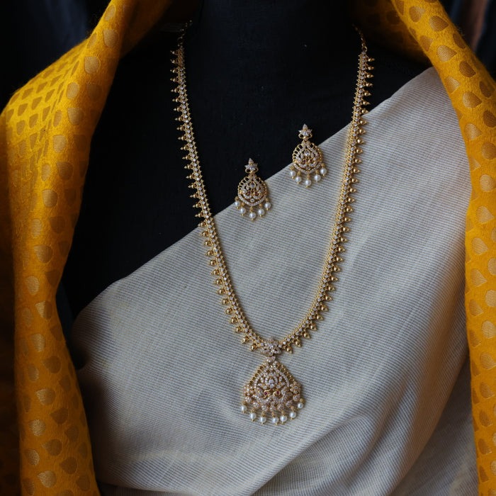 Heritage gold plated white stone long necklace with earrings HL169