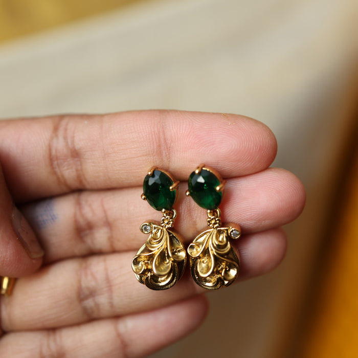 Antique gold green stone simple short necklace with earrings TTS4601