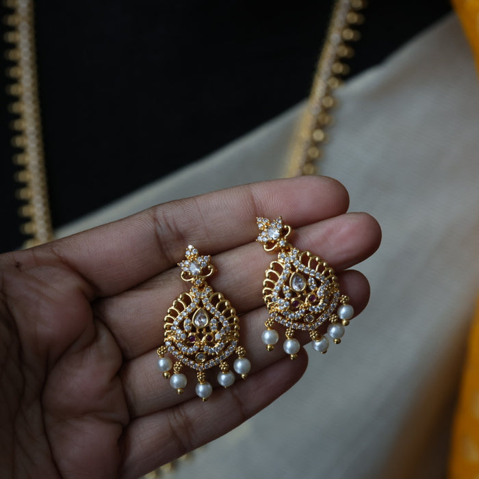 Heritage gold plated white stone long necklace with earrings HL169