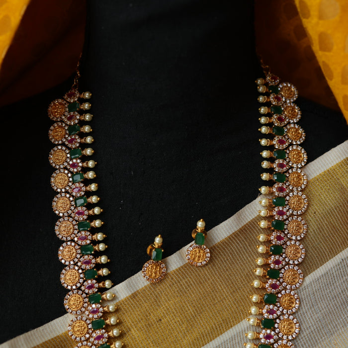 Antique green stone coin long necklace with earrings / waistchain LL03111