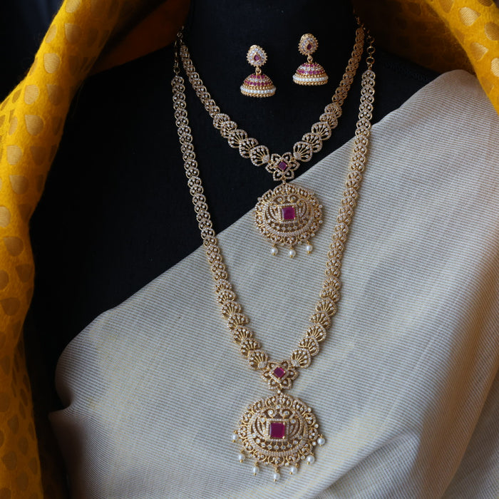 Heritage gold plated ruby stone long and short necklace with earrings HLS1689