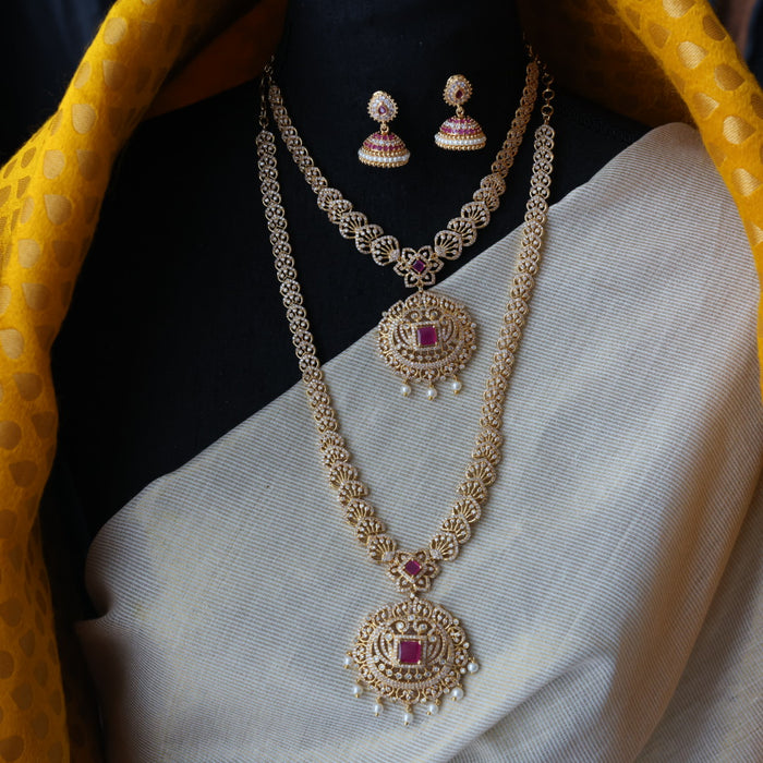Heritage gold plated ruby stone long and short necklace with earrings HLS1689