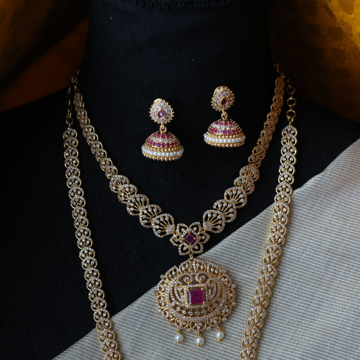 Heritage gold plated ruby stone long and short necklace with earrings HLS1689