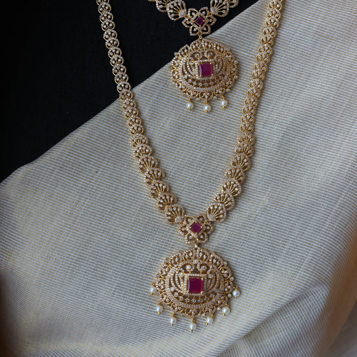Heritage gold plated ruby stone long and short necklace with earrings HLS1689