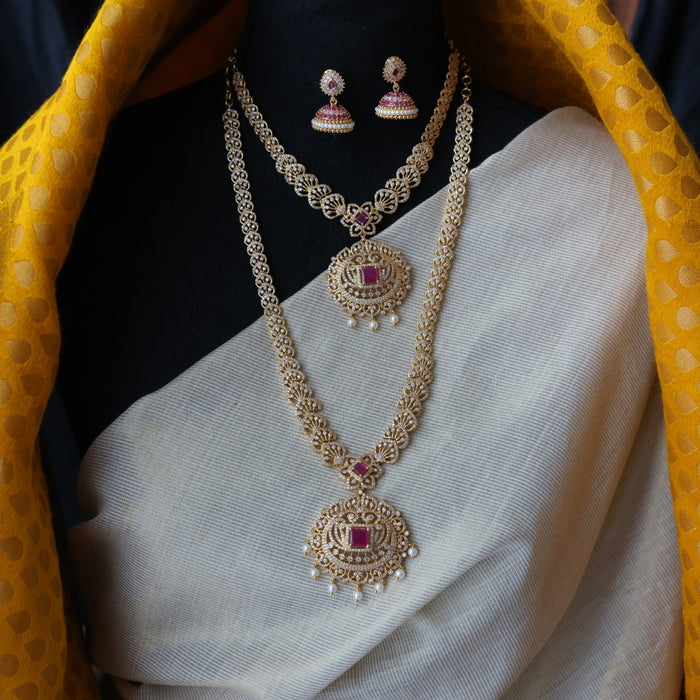 Heritage gold plated ruby stone long and short necklace with earrings HLS1689