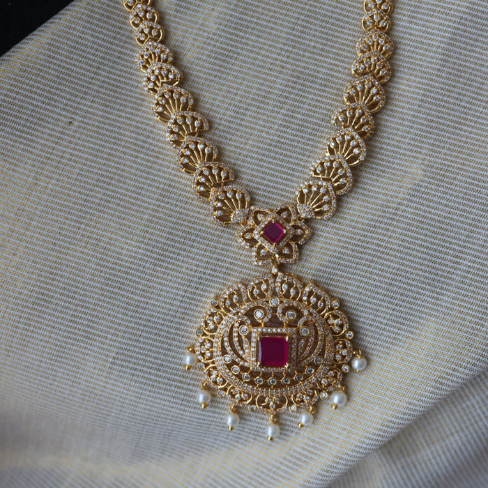 Heritage gold plated ruby stone long and short necklace with earrings HLS1689