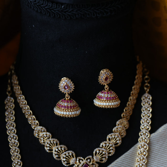 Heritage gold plated ruby stone long and short necklace with earrings HLS1689