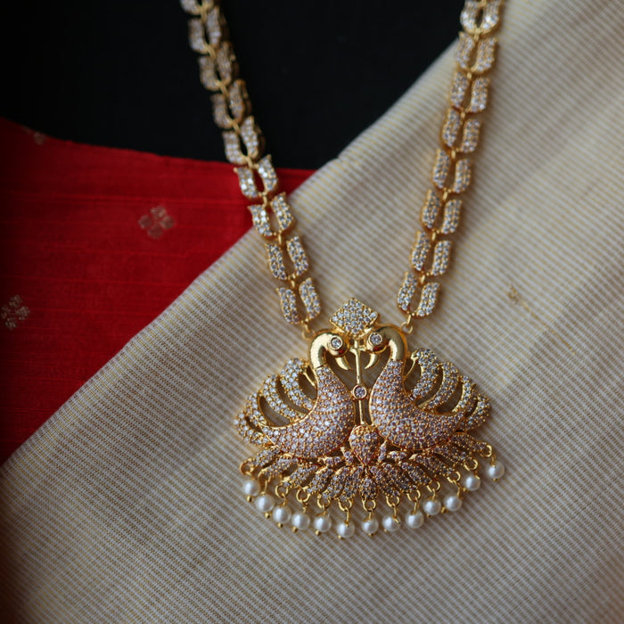 Heritage gold plated white stone long necklace with earrings HL576