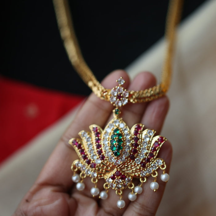 Heritage gold plated ruby green white stone long necklace with earrings HL579