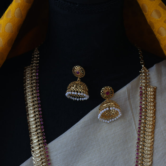 Heritage gold plated mango design long necklace with earrings HL867