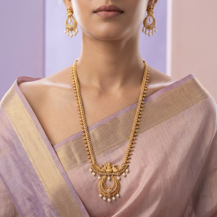 Heritage gold plated white stone long necklace with earrings HL5713