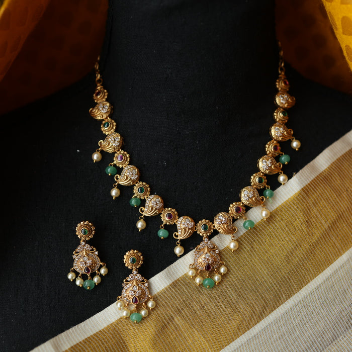 Antique green stone stone choker short necklace with earrings TTS46022