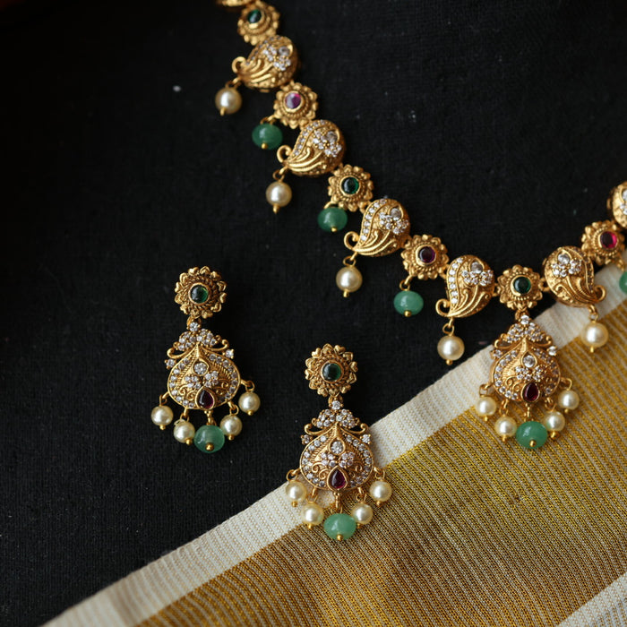 Antique green stone stone choker short necklace with earrings TTS46022
