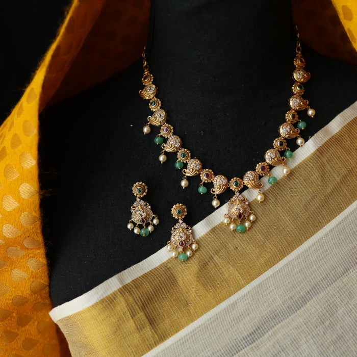 Antique green stone stone choker short necklace with earrings TTS46022